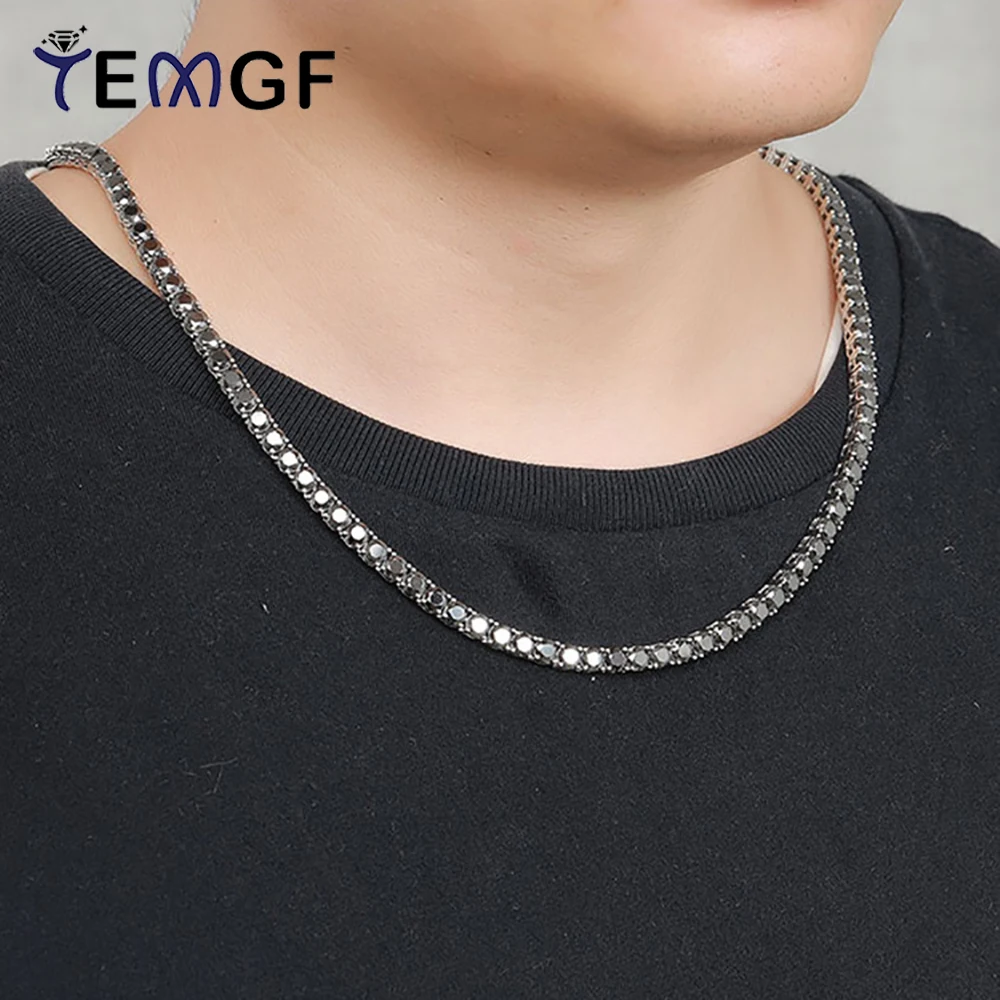 

TEMGF Full Black Moissanite Necklace 925 Silver Tennis Chain for Women Men Luxury Fine Jewelry Couple Hip Hop Trendy Ornaments