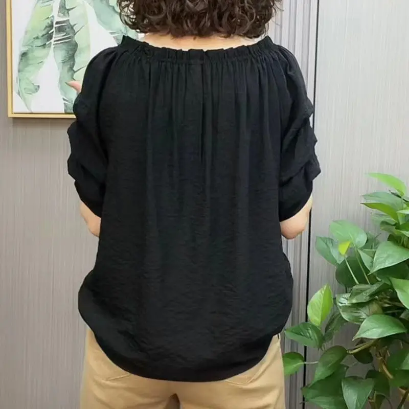 Camisa feminina de manga curta com babados, blusa casual simples, gola redonda, pulôver solto, tops de cor sólida, moda verão