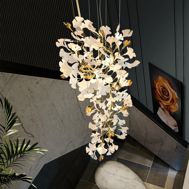 Ginkgo Leaf Stairwell Long Chandelier Atmospheric Light Luxury Villa Duplex Building Loft Hotel Lobby Creative Art Lamps