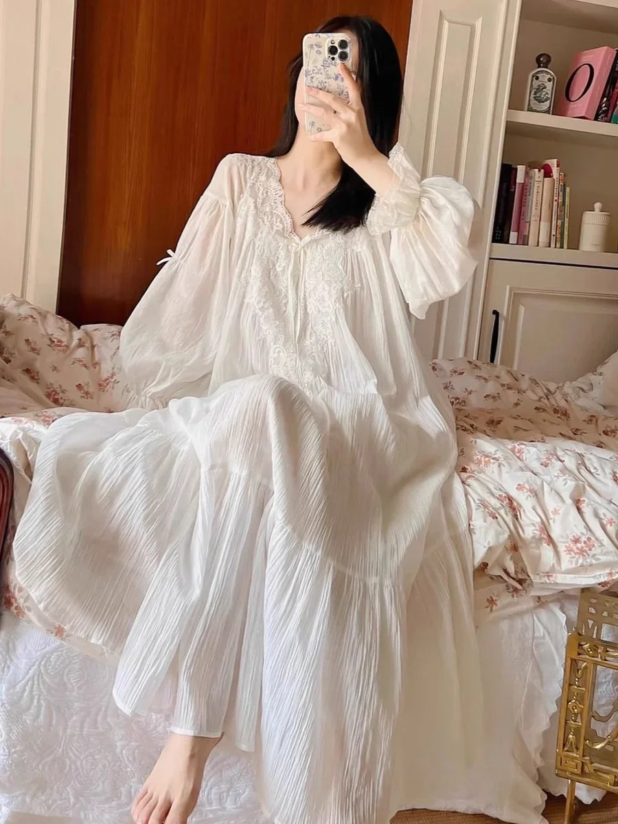 Women's Sleepwear Sweet Princess Cotton Lace Long Sleeve Court Style Pajamas Elegant Lady's Delicate Nightgowns