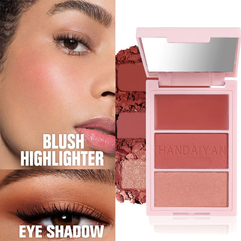 HANDAIYAN 3-in-1 Blush Palette Viso Illuminante Evidenziatore Contorno Trio con Ombretto Tonalità Trucco Compatto per Bagliore Naturale