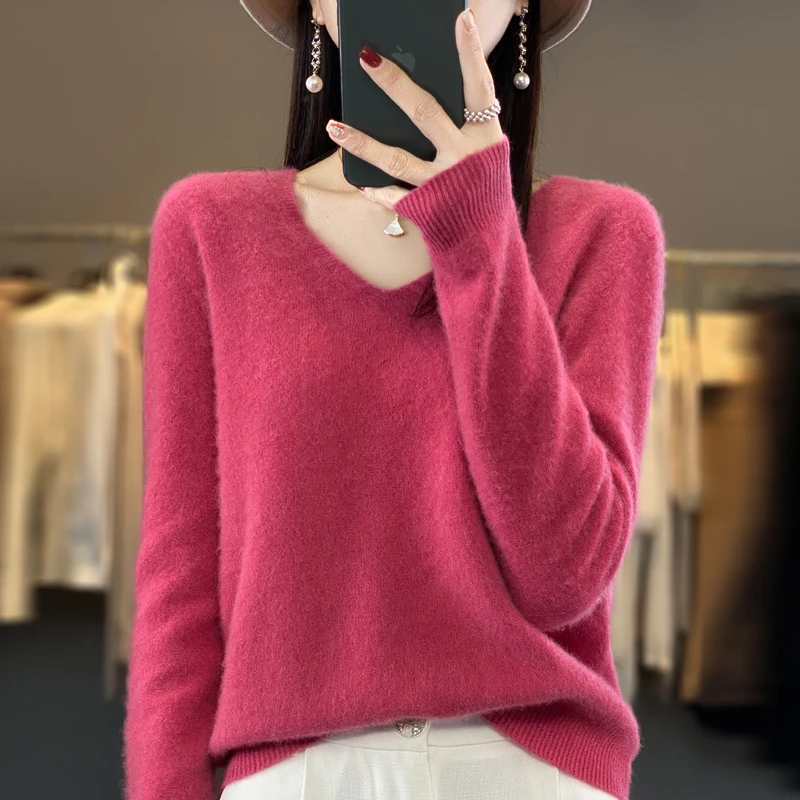 100% wool cashmere sweater women\'s V-neck pullover casual knit top autumn and winter new fashion loose Korean women\'s coat