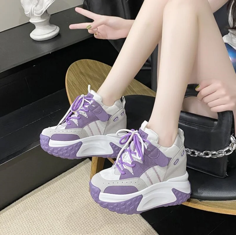 Sepatu Sneaker wanita, sepatu Sneaker wanita musim panas, sepatu Wedge bernafas tinggi 10.5CM, sepatu latihan musim panas, sepatu nyaman