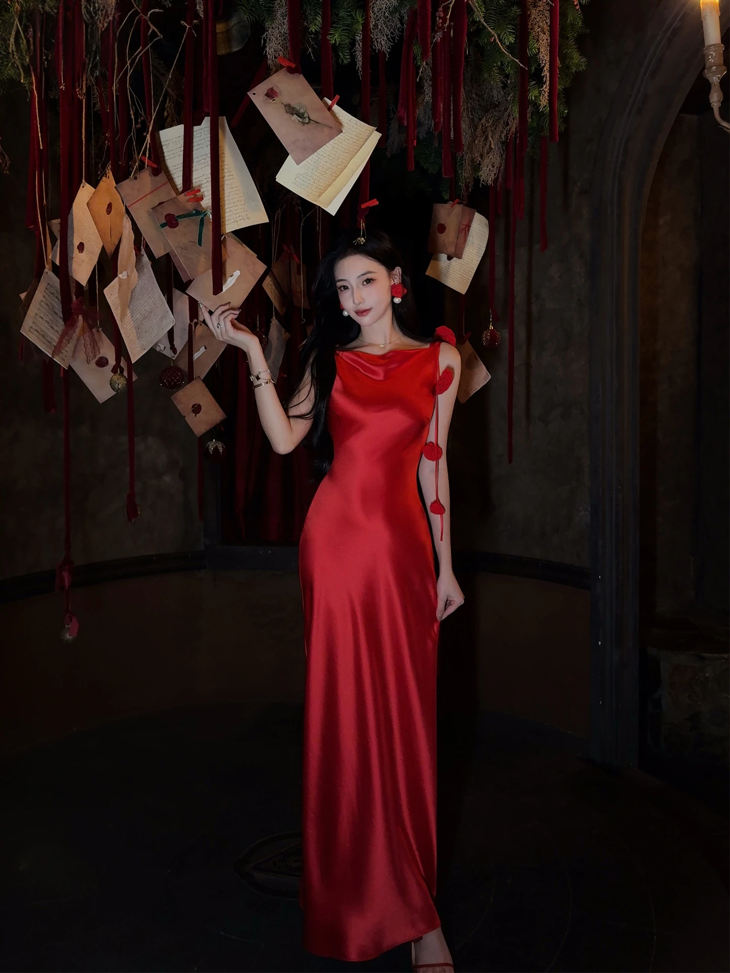 

Red Acetate Long Dr Bal Tee-Dimensional Flower Sexy Rich Girl's Dr Xiao Li Brand Ci Commute Suitable Summer 2025