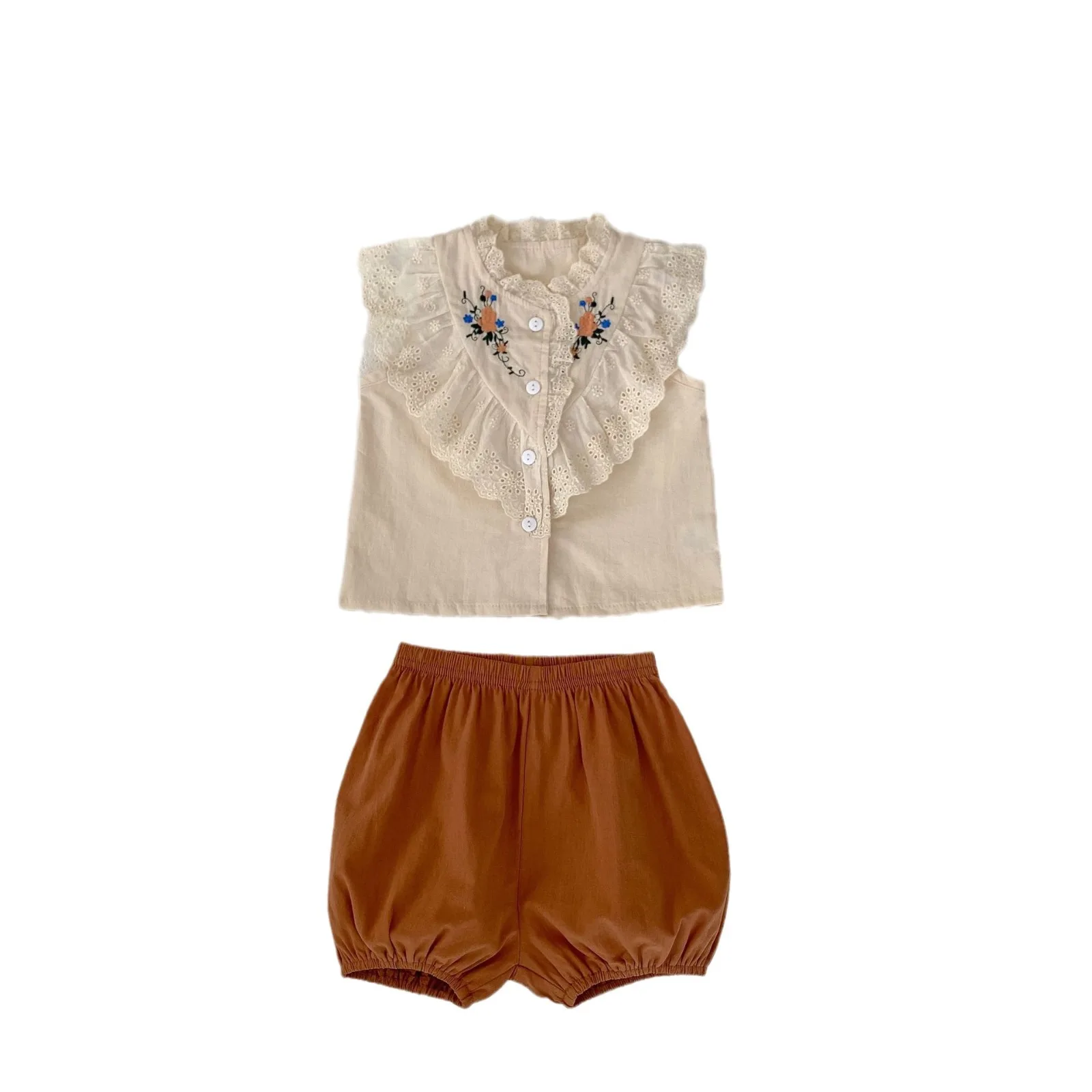 Summer New Baby Clothing 0-3-year-old Girl Fashion Embroidered Lace Sleeveless Top+Clear Color Shorts 2-piece Set