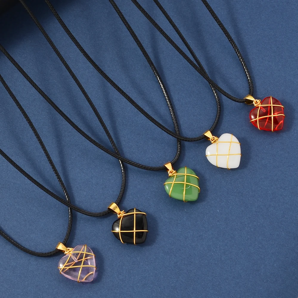 5pcs Natural Stone Necklace Healing Heart Pendant Set