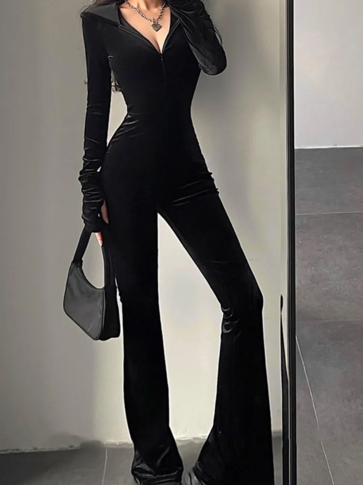 Y2k Sexy Bodycon Black Velvet Jumpsuit Women Fashion Hooded Zipper Flare Pants Rompers Vintage Autumn Streetwear Winter Outfits