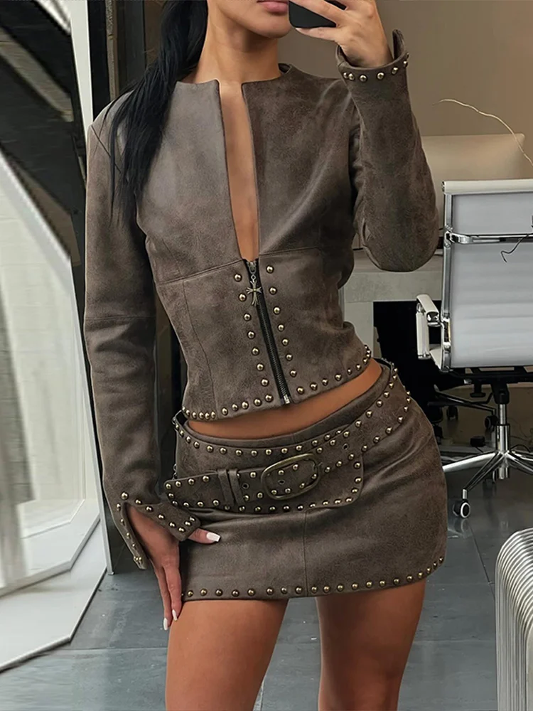 Fashion Rivet Decor Pu Leather Jacket Skirts Suit Women Zippers Female Waist-Closed Top Mini Skirt 2026 Autumn Lady 2 Pieces Set view 4