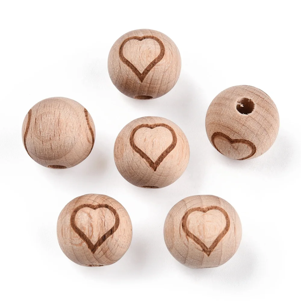 200Pcs Beech Wood Beads Round Balls Engraved with Moon Rainbow Heart Loose Natural Wooden Beads for Jewelry Making Macrame Craft