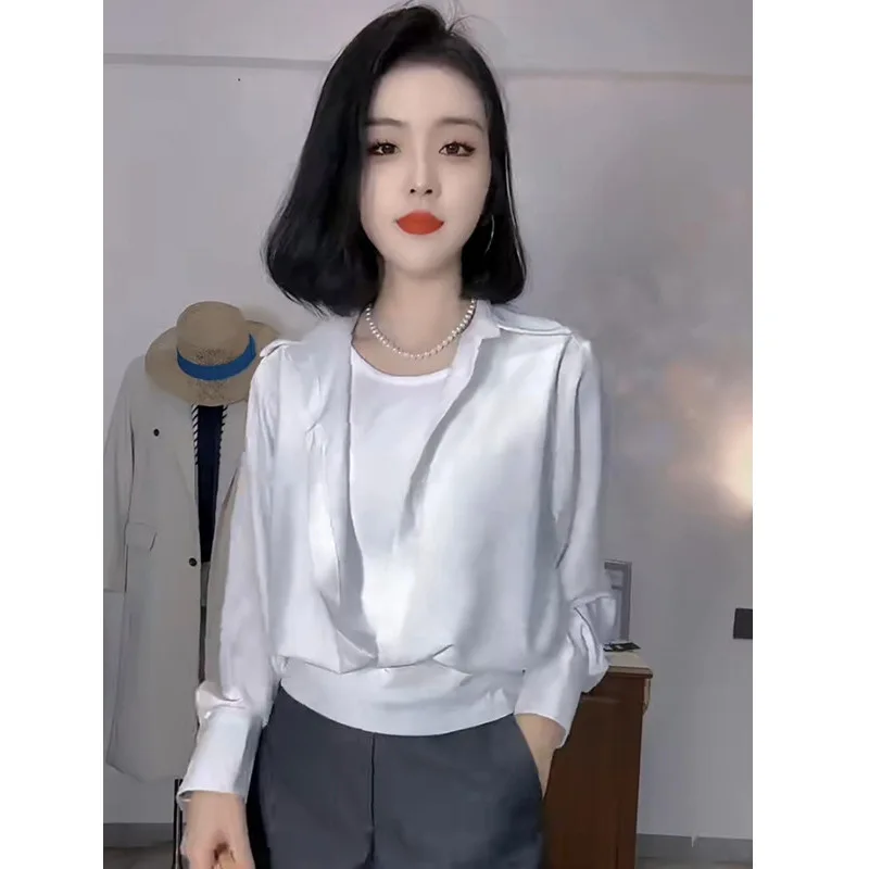 

2025 Spring New Style Waist-hugging Slim and Versatile Lapel Splicing Vest Fake Two-piece Short Shirt for Women