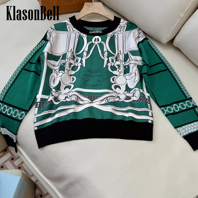 

9.4 KlasonBell Women New Chain Geometric Print Silk Spliced Wool Blend Knitwear Top Long Sleeve Soft Comfortable Sweater