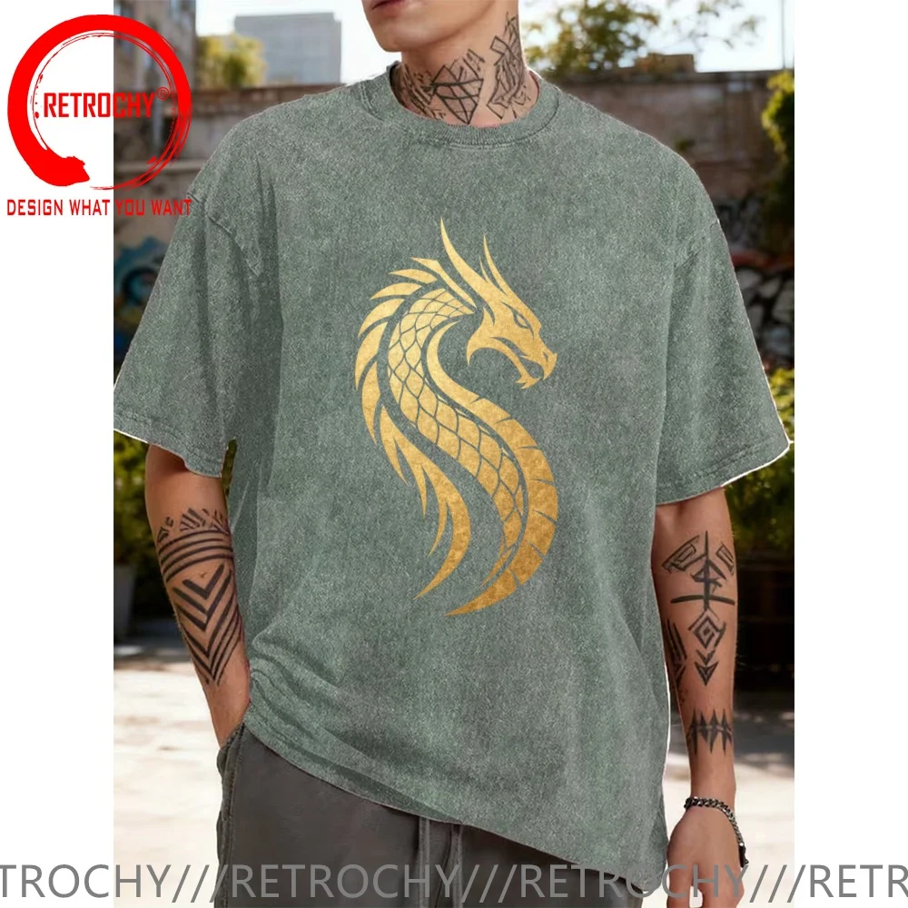 Funny Design Vintage Gold Design Abstract Luxury Dragon Symbol  Shirt Men Fashion Trendy Casual Clothing Stylish Tops Tee Shirt