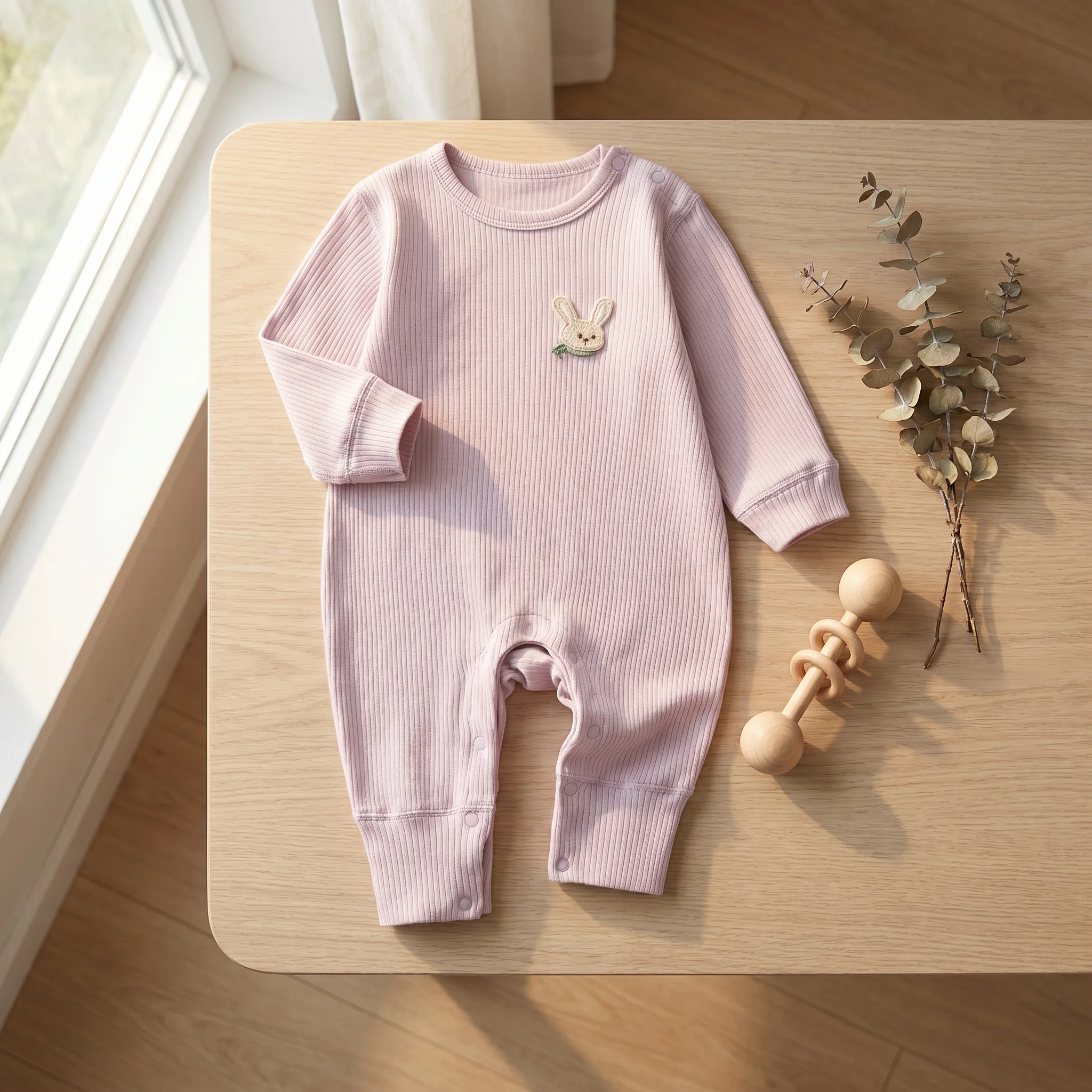Newborn Long Sleeve Jumpsuit Crew Neck Unisex BodySuit With Bunny Patch Cartoon Rabbit Applique A Class Baby Home Wear