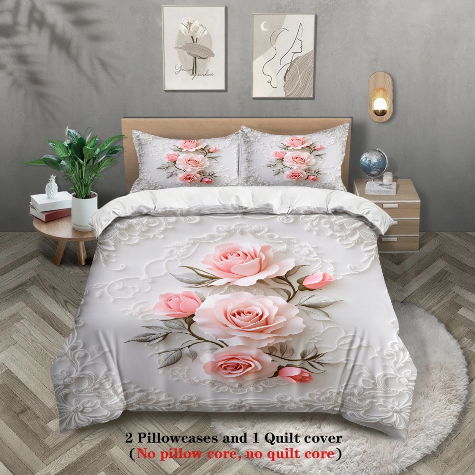 

Rose Embroidered Bedding Set White Floral Pattern With Pink Roses With Duvet Cover & Pillowcases For Bedroom Decor