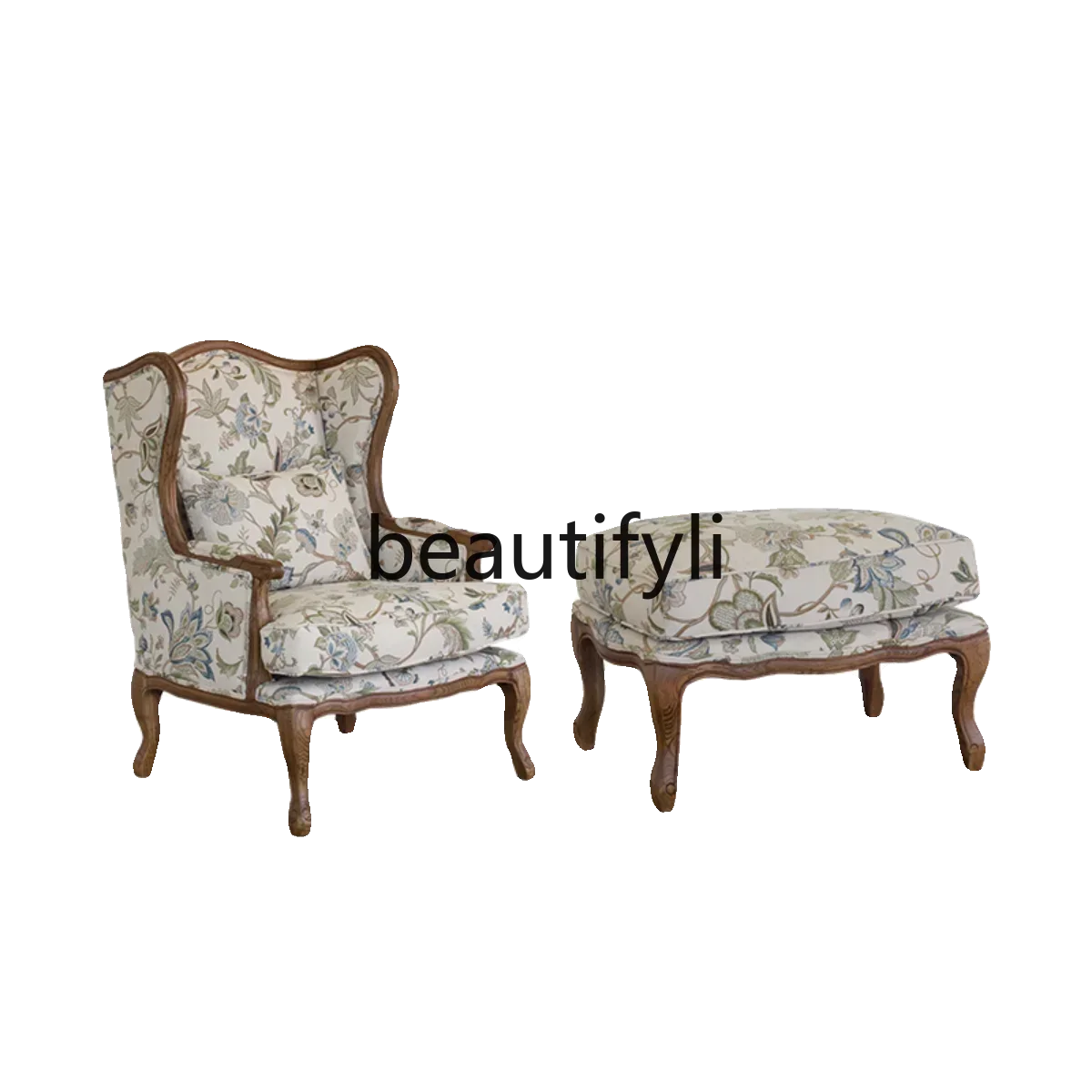 

American Country Solid Wood Oak Single Sofa Chair Jacquard Fabric Balcony Leisure Chair Double Ears Princess Armchair