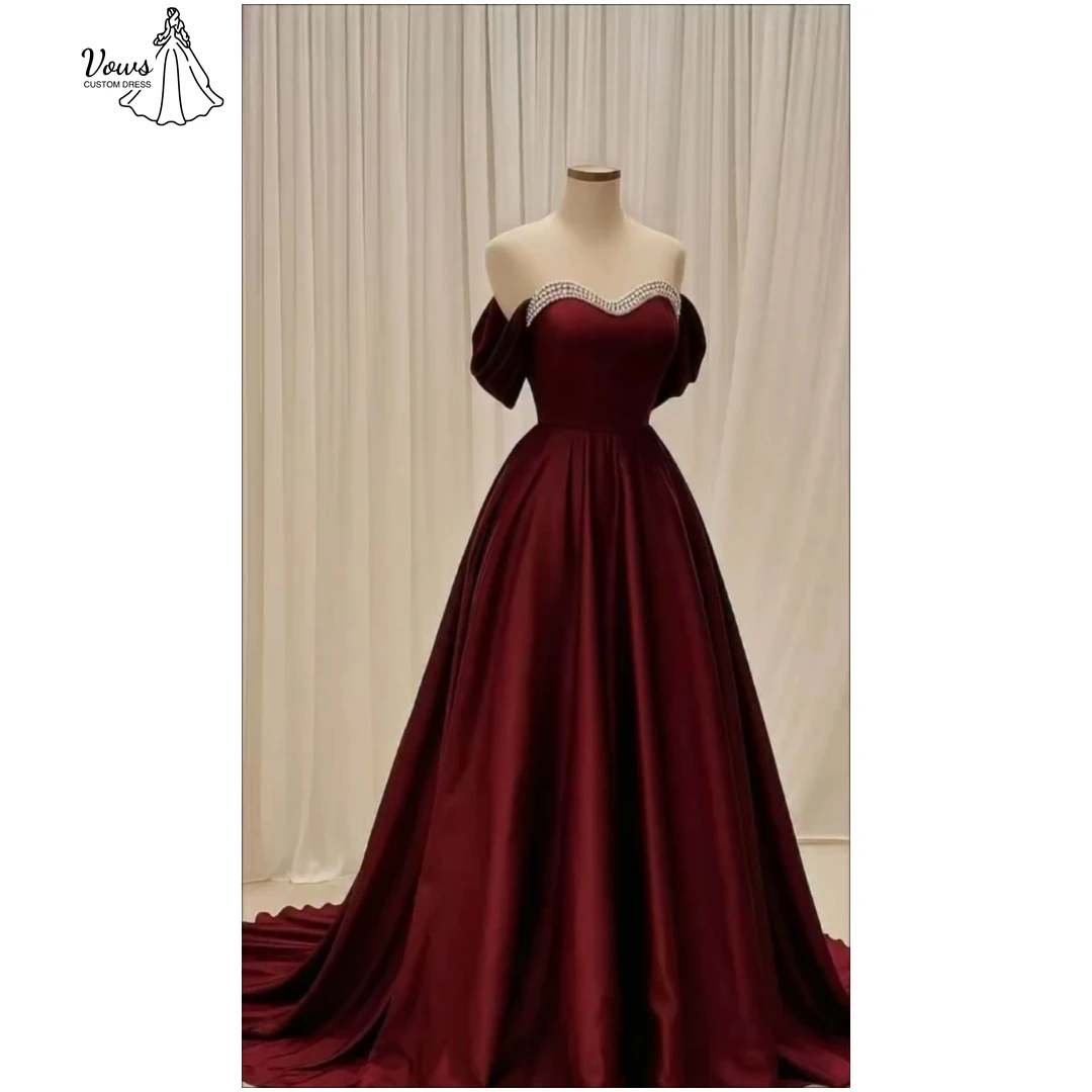

Vows Custom Made Black Dresses Woman Elegant Guest Wedding Evening Dresses 2025 Woman Card Shoulder Line A Rhinestones Ballgown