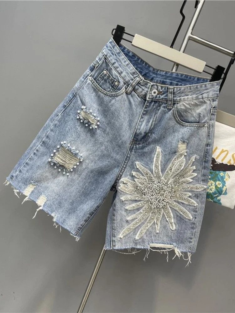 Design Ästhetik Shorts schwere Perlen Loch hohe Taille rohe Kante lässig lose Jeans Französisch elegant alle passen Frauen kleidung