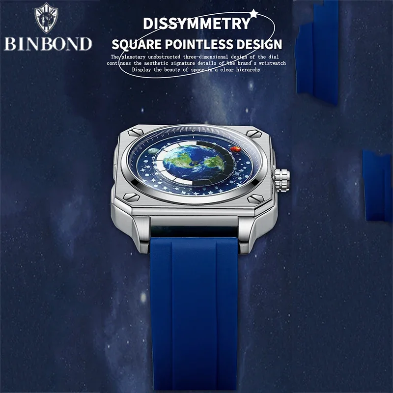 BINBOND الأكثر مبيعا ساعة كوارتز للرجال الدورية الأرض الهاتفي مفهوم جديد الإبداعية كوكب غير الميكانيكية سيليكون الشريط الرجال ساعة
