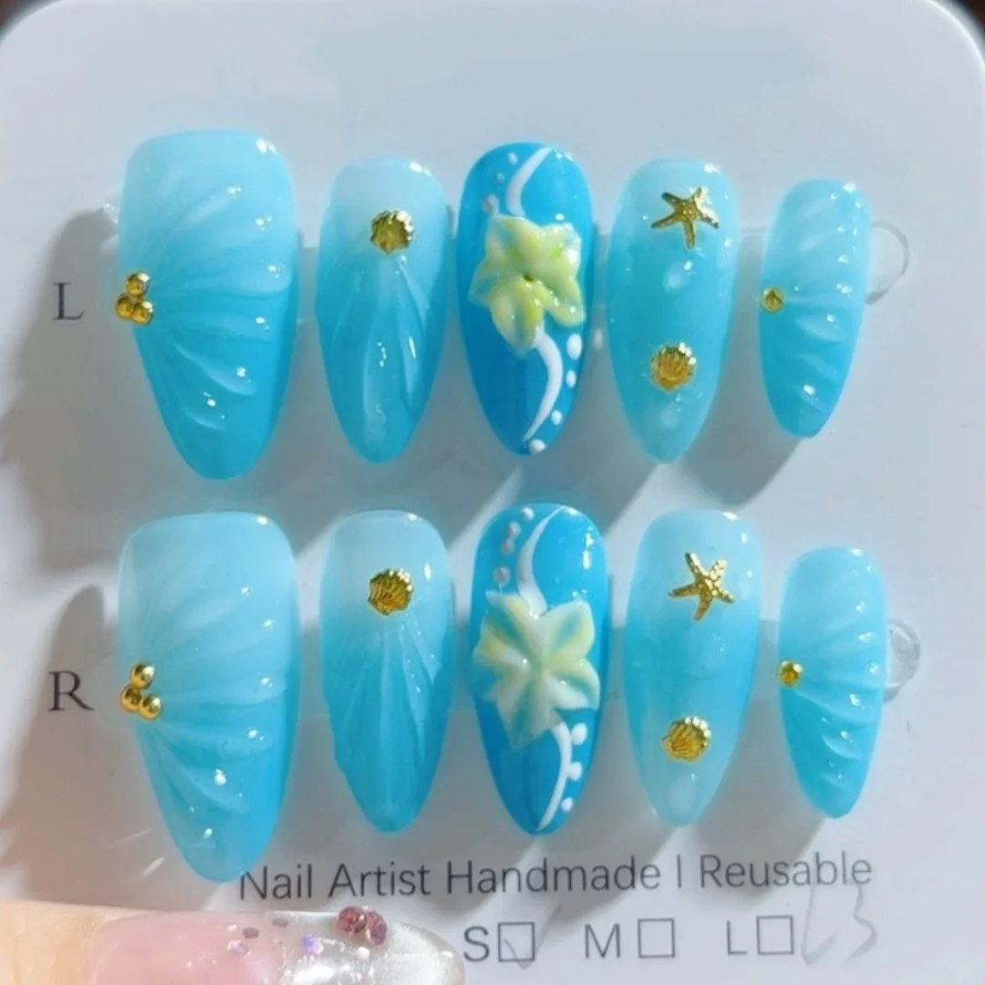 10 Stück handgemachte Press on Nails Glitzer Strass Falsche Nagelspitzen Blau Lange Mandel Fake Nail Art Fertige Schmetterlings-Maniküre-Sets