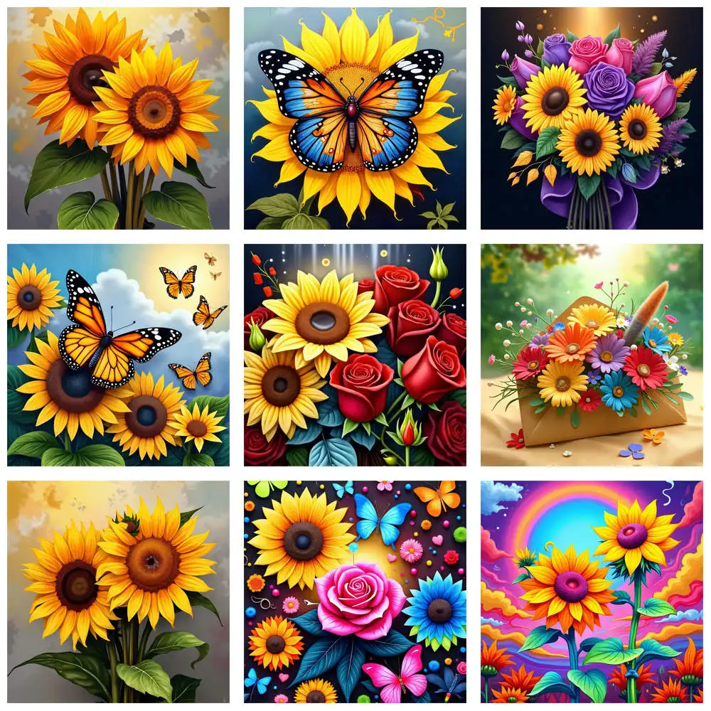 5D-Diamantgemälde zum Selbermachen, Sonnenblumen-Glühen, Leinwand, funkelnde Perlen, Blumenkunst, volle runde Diamant-Sticksets, Bild, Heimdekoration