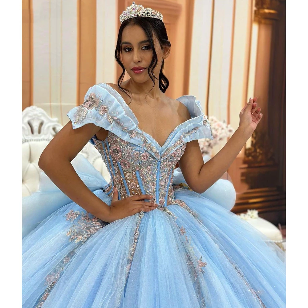 ANGELSBRIDEP Sky Light Blue abiti Quinceanera abito da ballo abito da festa di compleanno Applique perline Tulle lungo formale PrincessGown