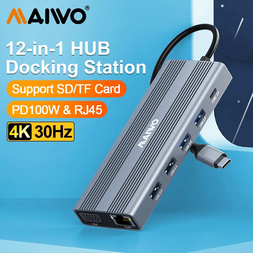 

MAIWO USB C Hub Docking Station 12 in 1 Type-C Adapter Hub with 1000M RJ45 Ethernet PD100W Charge TF/SD Card Readers for MacBook