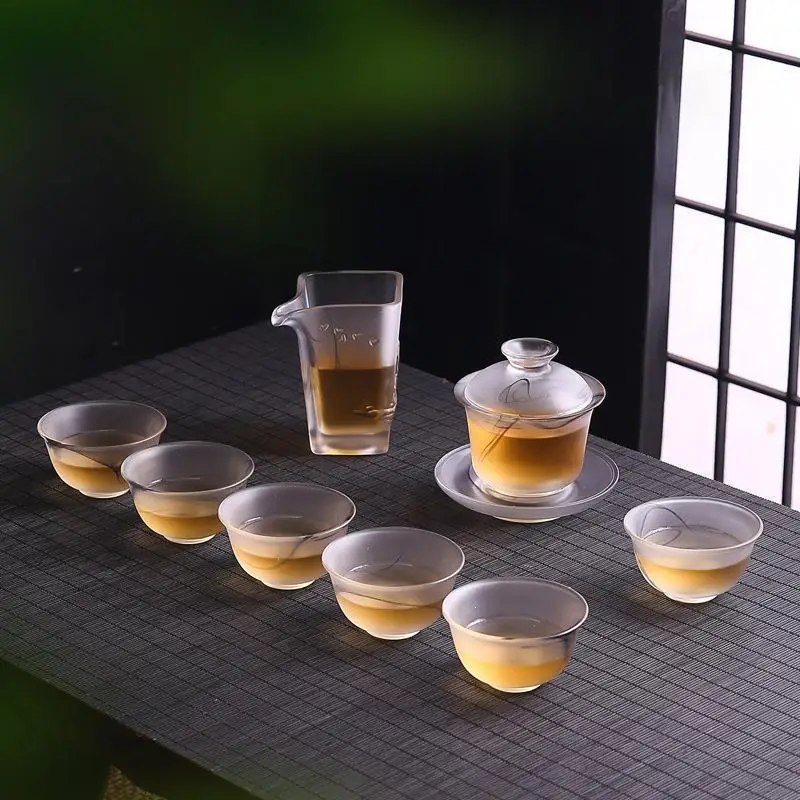 طقم شاي كونغ فو، وعاء غطاء شاي سميك من الزجاج، معرض فنجان الشاي المنزلي #2