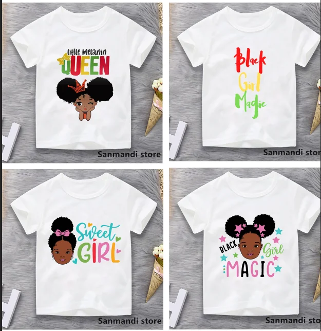 

Little Melanin Queen Graphic Print Tshirt Girls Kids Clothes Summer Tops Black Girl Magic T Shirt Crowm T-Shirt Birthday Gift