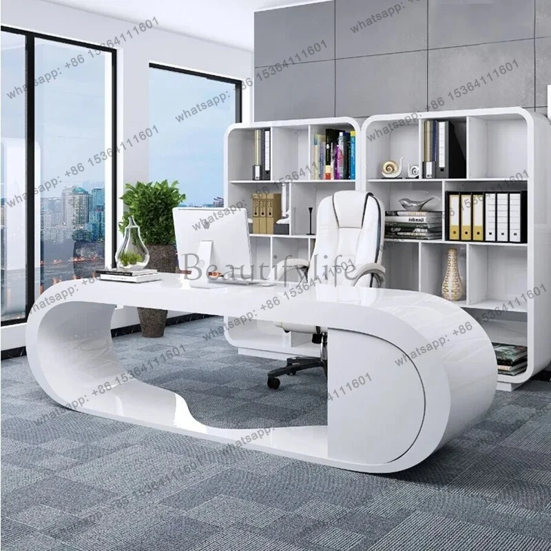 

High-end paint boss table, simple modern office table and chair combination, curved large desk desk