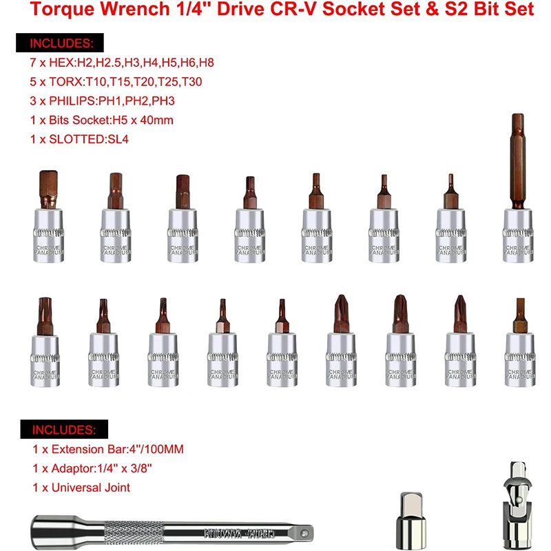 21PCS RATCHET TORQUE WRENCH SET,1/4 INCH DRIVE CLICK TORQUE SCREWDRIVER,2-25NM, BICYCLE CAR REPAIR TOOL KIT WITH HEX WRENCH SET