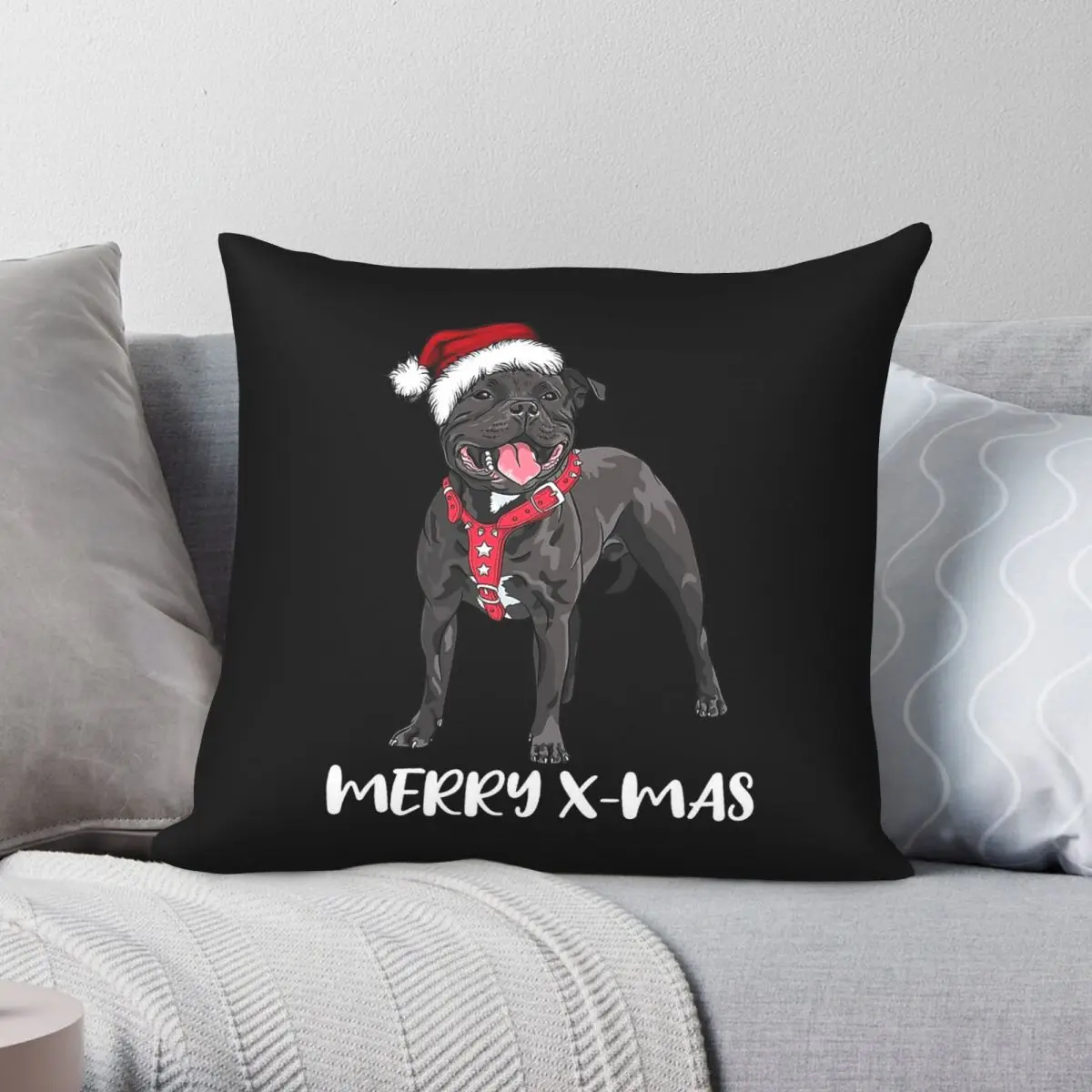 Staffordshire Bull Terrier Merry X-Mas Square Pillowcase Polyester Linen Velvet Pattern Zip Decorative Home Cushion Cover