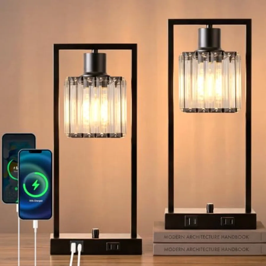 

Industrial Table Lamps Set of 2 Black Bedside Lamp with USB A+C Ports and Power Outlet Table Lamp for Living Room Bedroom Offic
