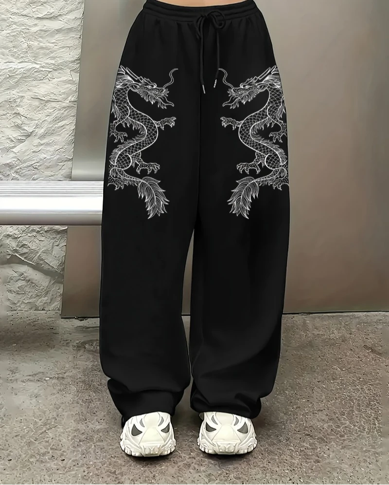 

Широкие брюки с графическим принтом дракона — черные зимние уличные брюки с эластичным поясом, свободные повседневные брюки в стиле хип-хоп