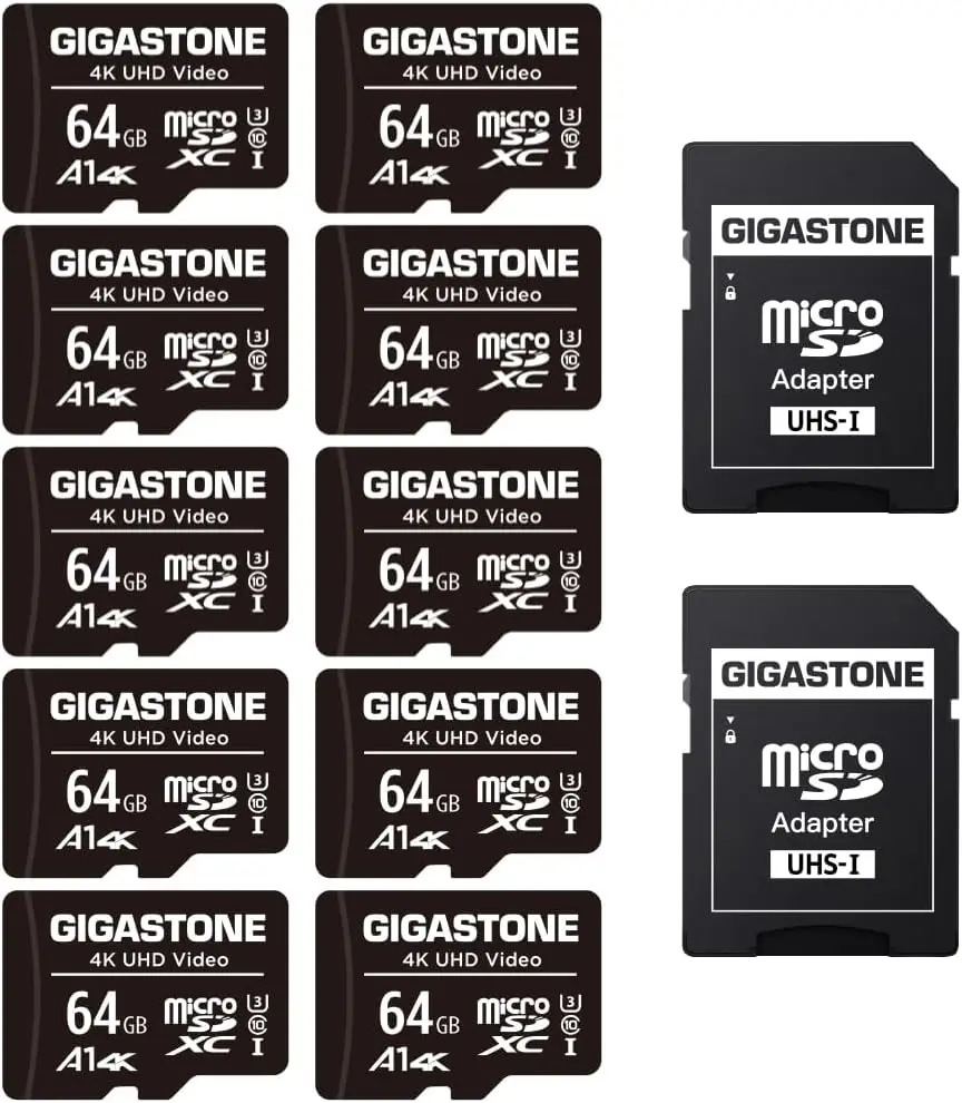 64GB Micro SD Card 10-Pack, A1 V30 4K Video Recording, 90MB/s Read, for Security Cam, Action Camera, Drone