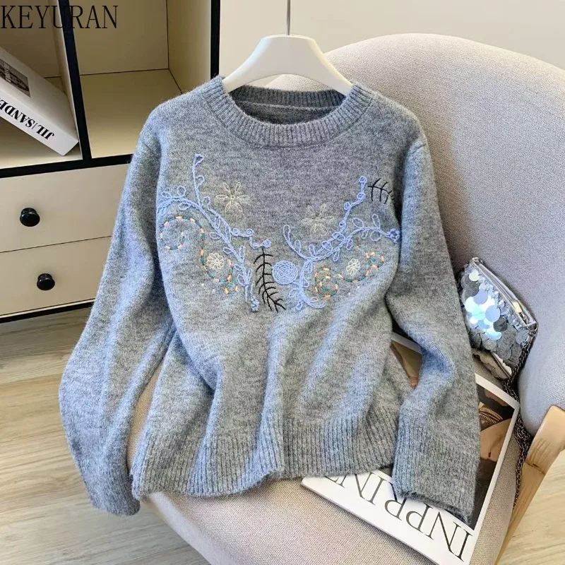 

Винтажный серый свитер с цветочной вышивкой для женщин, осенний шикарный повседневный свободный вязаный пуловер с круглым вырезом и длинными рукавами, свитера, джемперы