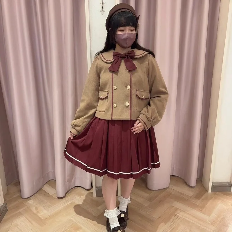 Japanese Rojita Style SC Woolen Jaquetas Naval Academy Style Uniform Long Sleeves Double Breasted Tweed Jacket Coat For Women