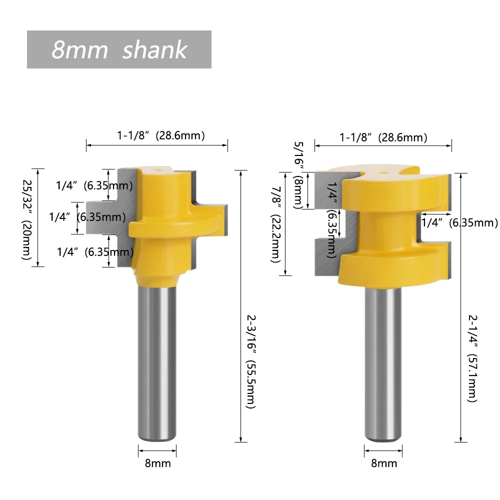 2pcs 8MM Shank T-Slot Square Tooth Tenon Milling Cutter Carving Knife Router Bits for Wood Tool Woodworking