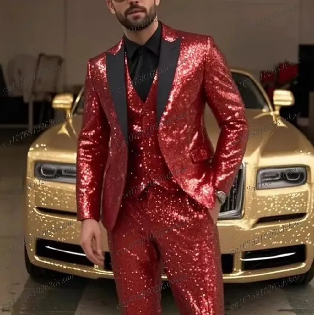 

Черный воротник, красный блесток, мужской костюм, свадебная вечеринка, формальный жених, жених, выпускной, деловой мужской смокинг, комплект из 3 предметов, куртка, жилет, брюки
