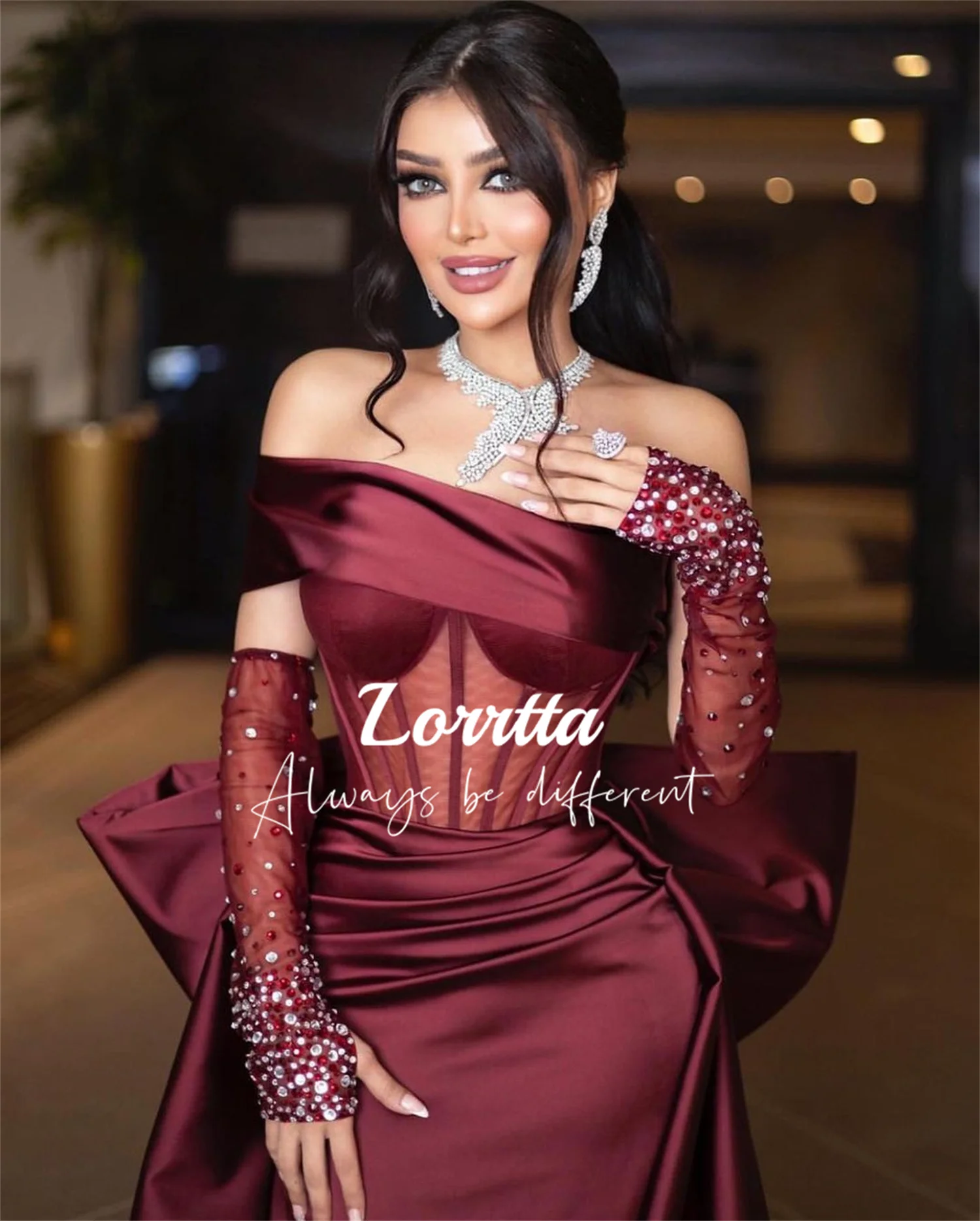 Lorrtta Off the Shoulders Folds Ground-length Reddish Brown Ball Gown Strapless Satin Mermaid Skirt Dresses Customized