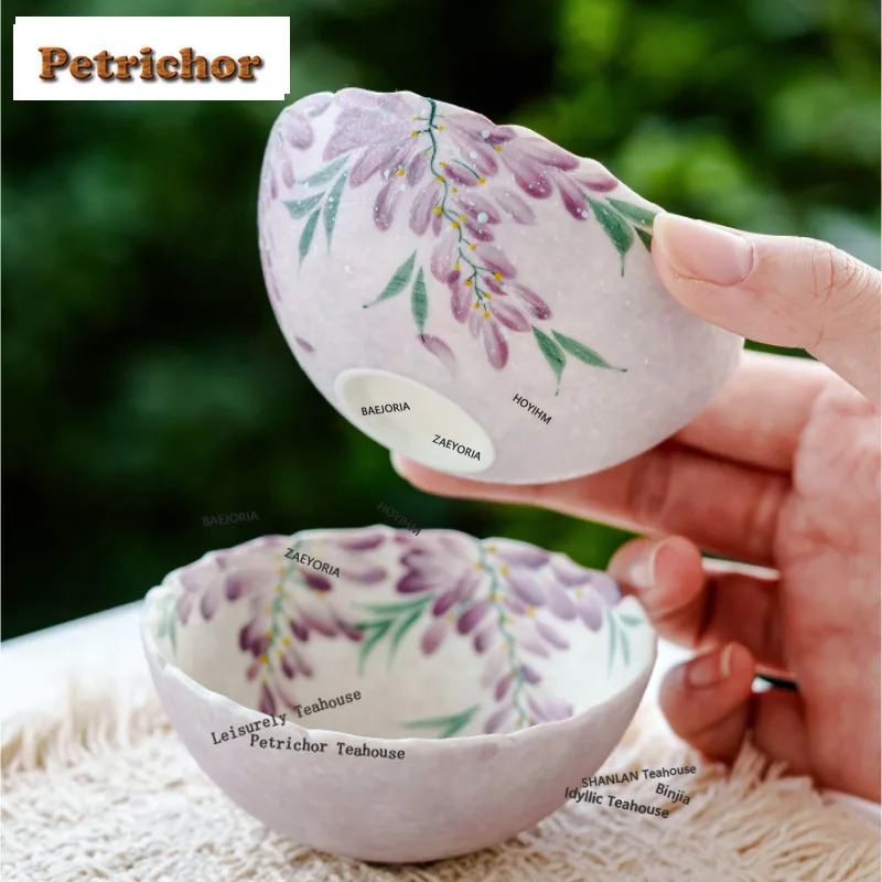 HOYIHM 60ml Hand-painted Wisteria Teacup Antique Tea Bowl Beautiful Tea Cup Tea-tasting Smelling Cup Jianzhan Master Cups Craft