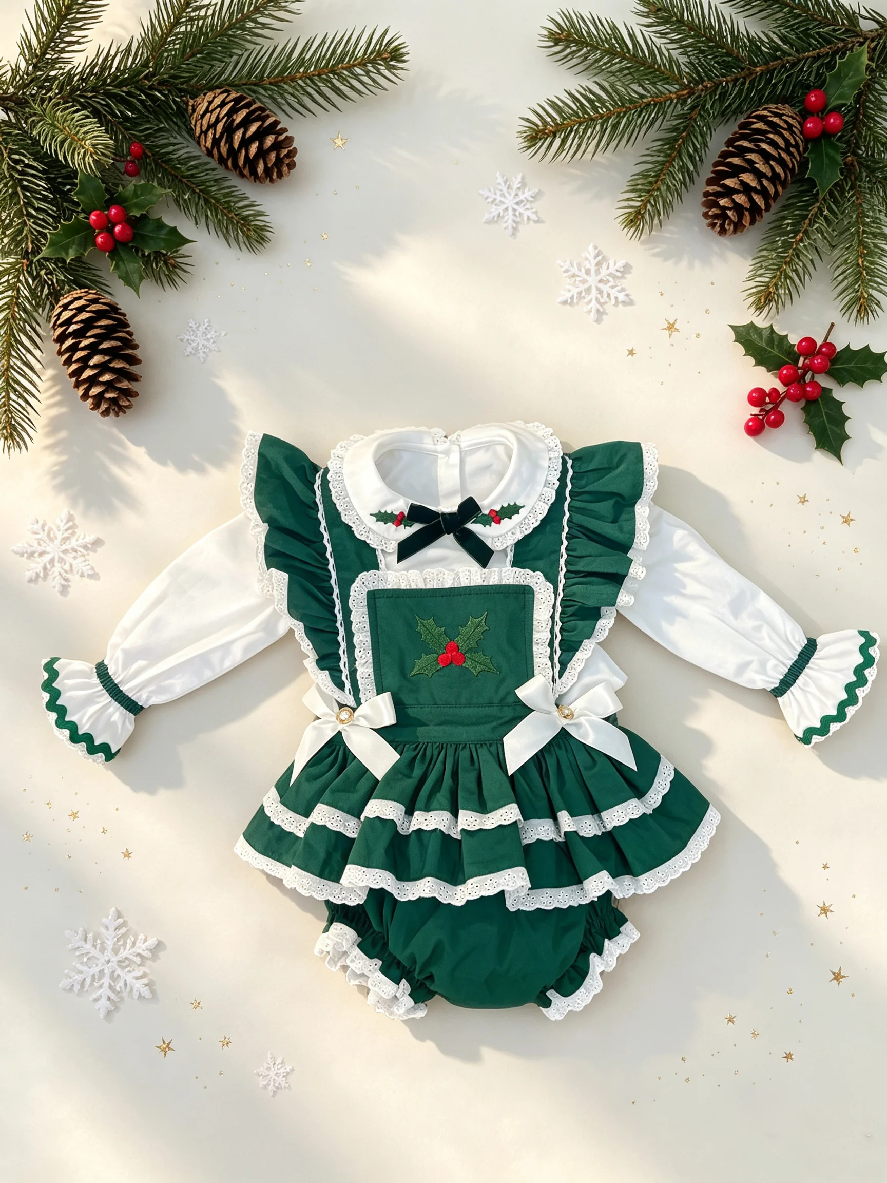 Autumn Baby Girl Green White Lace Ruffle Outfit Embroidery Suit for Birthday Holiday Easter Eid Christmas C424