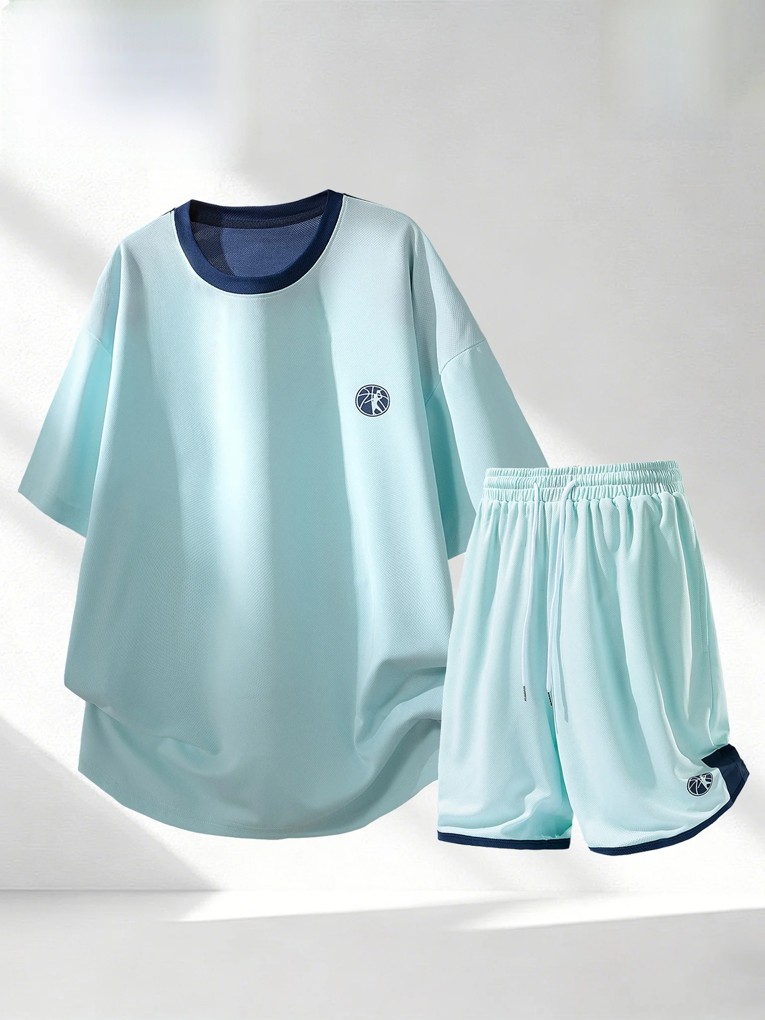 spirit-men's-summer-ice-silk-short-sleeve-sports-set-basketball-outfit-casual-color-block-two-piece-suit-polyester-fiber