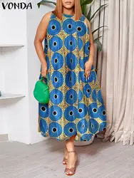 VONDA Plus Size Dress Women Summer Bohemian Long Vestido 2024 Fashion Sleeveless Loose Casual Printed Midi Sundress Beach Robe