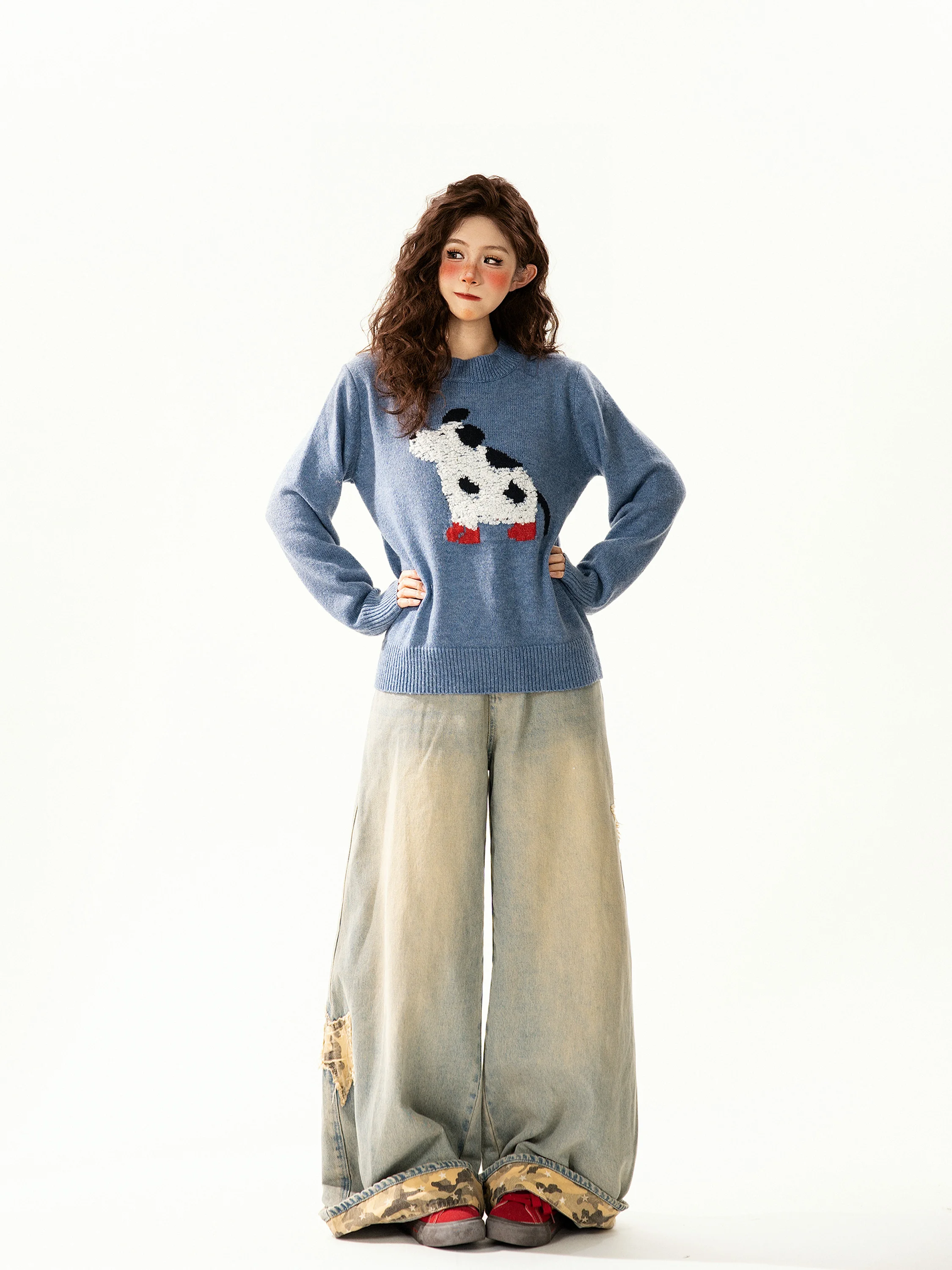 

Retro Fun Towel Embroidered Dog round Ne Sweater Women's Autumn Winter Loose Lazy Versatile Knitted irt Trendy Commute Sle