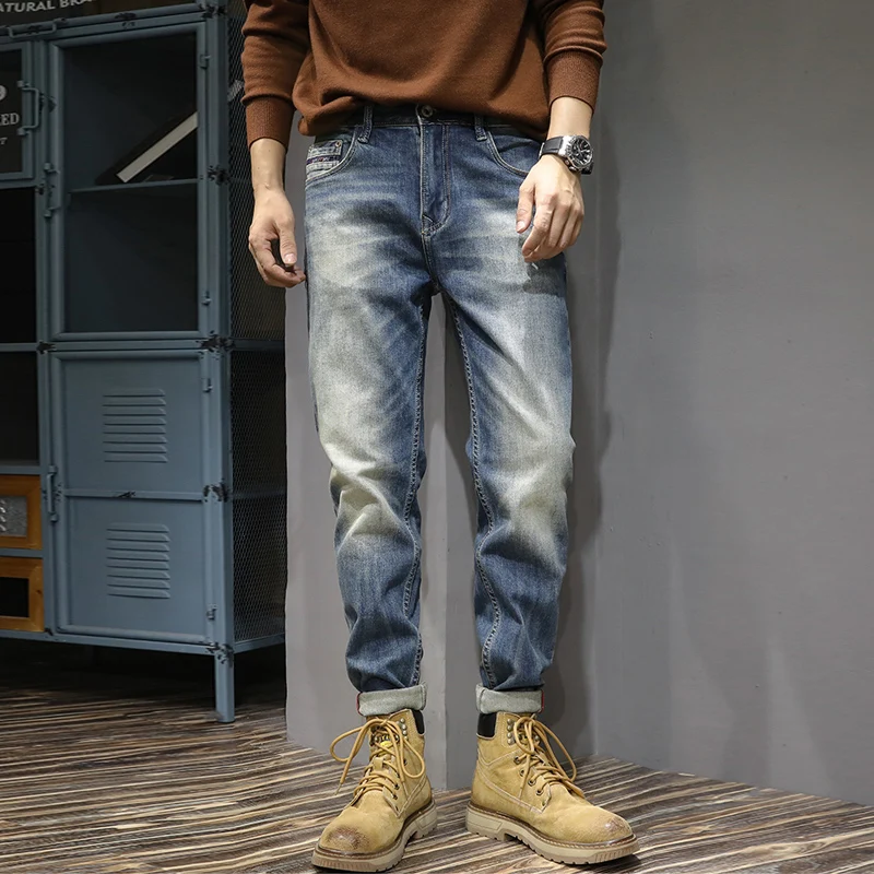 Italian Style Fashion Men Jeans Retro Blue Elastic Slim Fit Ripped Jeans Men High Quality Vintage Designer Denim Pants Hombre