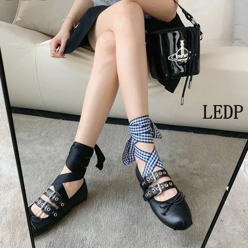 LEDP Ballet Flat Women French Retro Raised Bow Shallow Mouth 2024 Trend New Round Head Lace-up Single Shoes Kawaii Mary Jane Bow