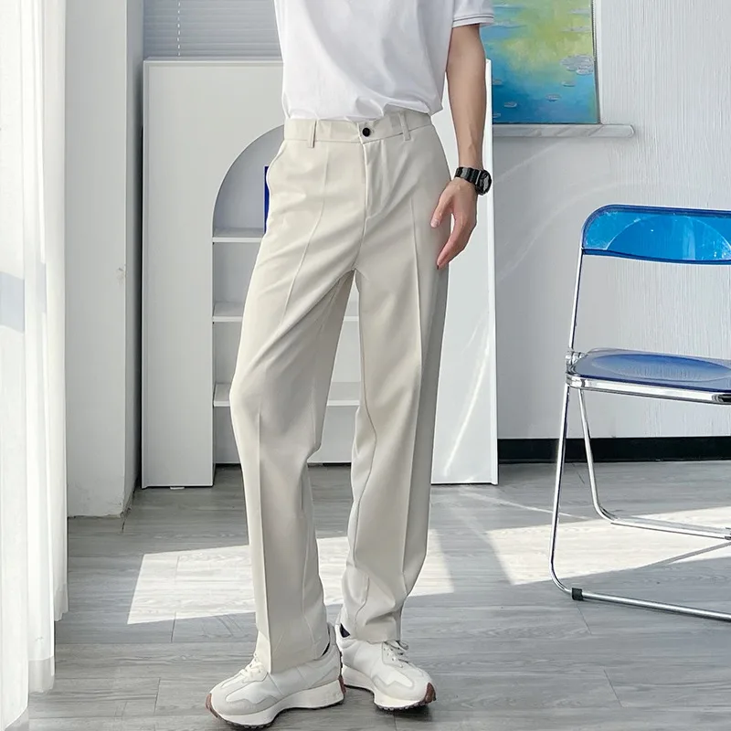 Mens Beige Straight Leg Dress Pants Casual High Waist Slim Fit Long Trousers