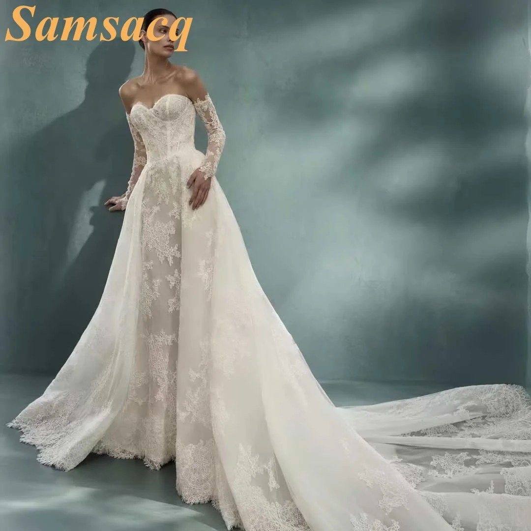 Customize Made Beauty Lace Fitted Beaded 2 In 1 Mermaid Wedding Gowns Trumpet Removable Train Bridal Gowns