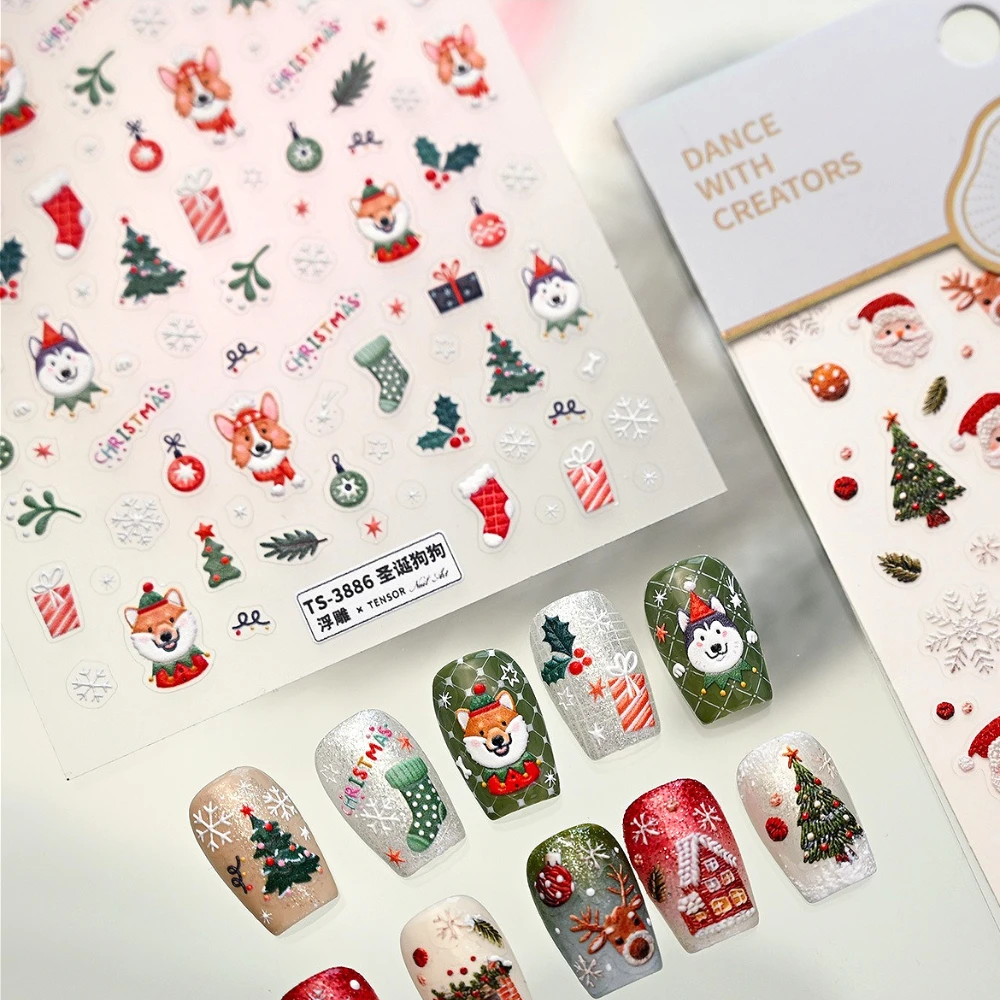 Cartoon Lovely Dog Husky Corgi Albero di Natale Palla Regalo Calza Fiocco di neve 5D Adesivi per nail art in rilievo Decalcomanie per manicure di Natale