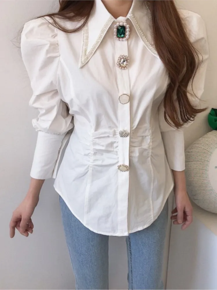 Imagem -03 - Camisa de Manga Longa com Gola Alta Francesa Feminina Blusa Vintage Solta Botão Pérola Tops Elegantes Branco Novo Primavera 2023